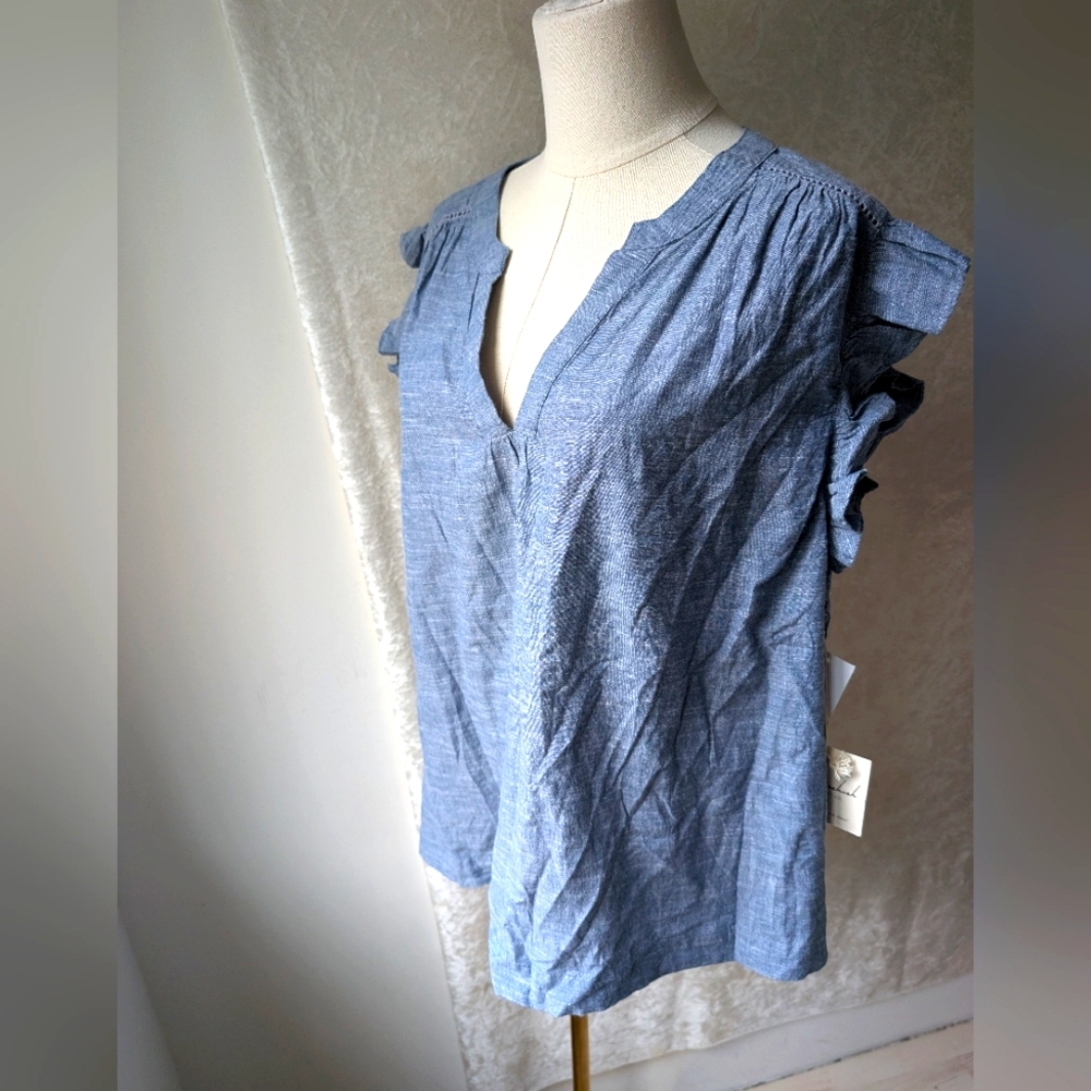 Cafe Marrakesh Large Cap Sleeve Chambray Top Ruffle Sleeve V Neck Cotton